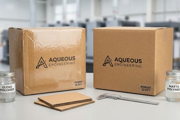 Glossy Flimsy 26 ECT Aqueous Engineering box and Gloss Polymer jar contrast matte Robust 32 ECT box and Matte Polymer jar.