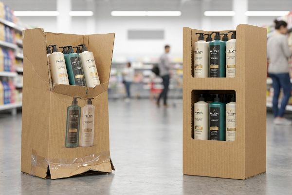 Corrugated cardboard POP displays: a flimsy, taped unit and a robust multi-tiered one, both featuring Hilton shampoo bottles.