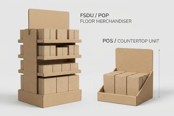 Présentoirs en carton ondulé brun naturel : un présentoir de sol FSDU/PLV et un présentoir de comptoir, tous deux remplis de boîtes sans marque.