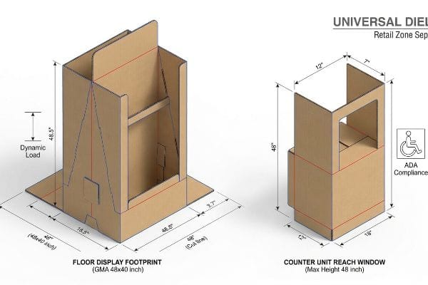 Corrugated cardboard universal dieline illustrating a Floor Display Footprint (GMA 48x40 inch) and an ADA Compliant Counter Unit Reach Window (Max Height 48 inch).