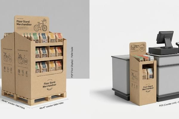 Kraft cardboard POP floor display on 48x40 GMA pallet and POS counter unit, showcasing different retail scales.