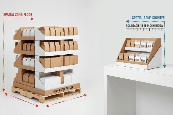 Multi-tiered cardboard floor display on a 48x40 GMA Pallet next to a counter display, highlighting ADA Reach: 15-48 Inch Window for spatial compliance.