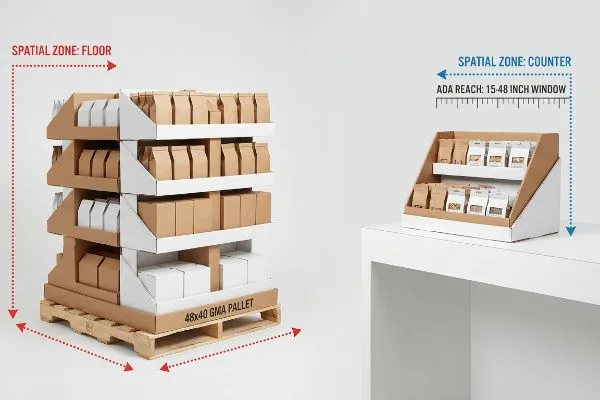Mehrstufiges Bodendisplay aus Karton auf einer 48x40 GMA-Palette neben einem Thekendisplay, mit dem Hinweis auf die ADA-Reichweite: 15-48 Zoll Fenster zur Einhaltung der räumlichen Vorgaben.
