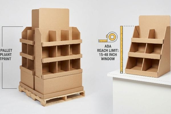 Brown corrugated cardboard displays: a floor unit on a pallet with Pallet Compliant Footprint and a counter unit highlighting ADA Reach Limit: 15-48 Inch Window.