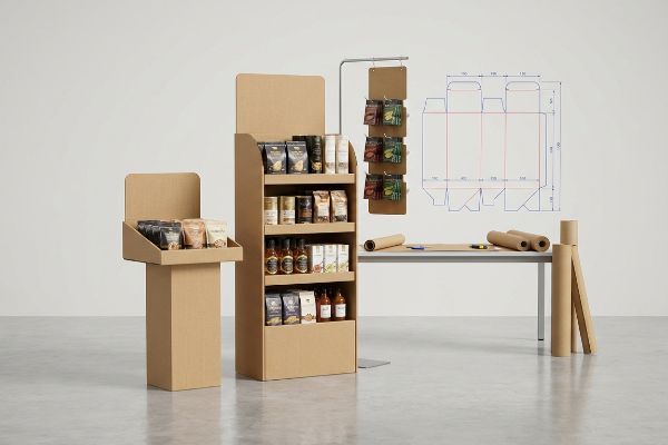 Corrugated cardboard floor unit, countertop display with products, hanging sidekick, and box dieline blueprint.