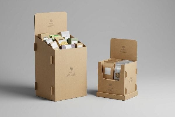 Expositores de punto de venta (POP y POS) de cartón corrugado Kraft: un contenedor alto para el suelo y una unidad más pequeña para mostrador, llenos de productos.