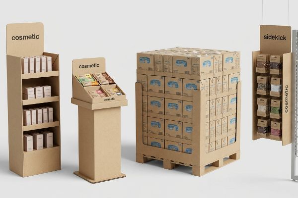 Kraft cardboard promotional fixtures: a freestanding floor display with 'Cosmetic' products, a countertop unit, a hanging 'Sidekick' display, and a club-store pallet of stacked boxes.