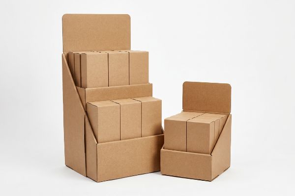 Natural brown corrugated cardboard POP and POS display units, a tall floor standee and a smaller countertop merchandiser, filled with plain boxes.