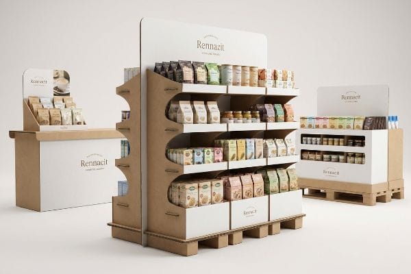 Rennacit corrugated cardboard floor stand, countertop, and pallet merchandisers with packaged food.
