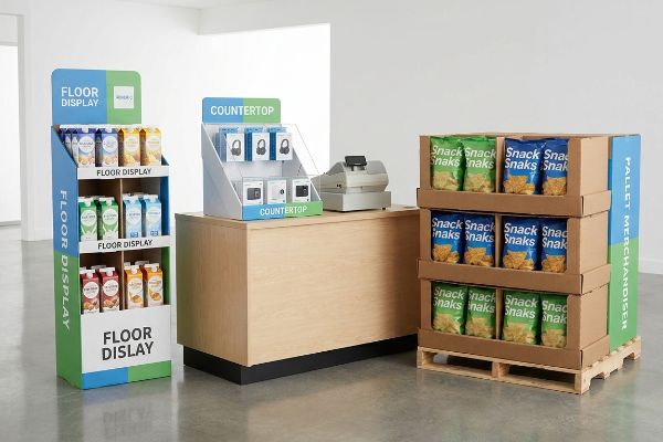 Blue and green Floor Display with beverages, acrylic Countertop display with electronics, and a cardboard Pallet Merchandiser with Snacks.