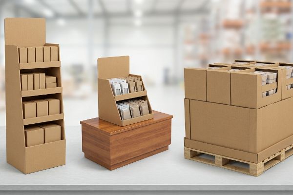Various cardboard display types, including a floor stand, a countertop unit on a wooden base, and pallet displays with stacked boxes, in a warehouse.