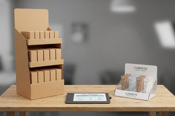 Un espacio comercial con un expositor de cartón corrugado en el suelo, un expositor de cosméticos de acrílico en el mostrador y una tableta que muestra una estimación de precios.