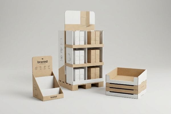 Kraft and white cardboard retail packaging, featuring a Brannd countertop unit, a multi-shelf floor display, and stacked shelf-ready trays.