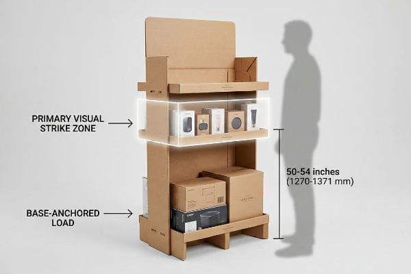 Corrugated floor display with Primary Visual Strike Zone (50-54 inches) for products, anchored by a Base-Anchored Load.