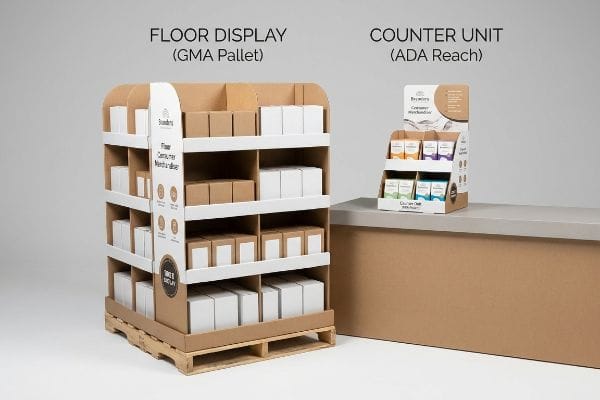 Corrugated cardboard floor display (GMA Pallet) and a counter unit (ADA Reach) with consumer merchandise in brown and white boxes.