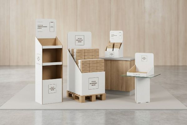 White cardboard display stands, featuring a floor merchandiser, a loaded pallet display, and two countertop POS units in a modern retail setting.