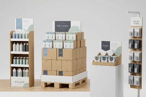 Corrugated retail displays: Kraft Specific floor stand with bottles, Bulk Powerplay pallet display, Branded! countertop unit, and Sidekick Display with blister packs.