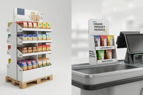 White floor POP display on pallet with packaged goods and a countertop POS display featuring Brand Product Message at checkout.
