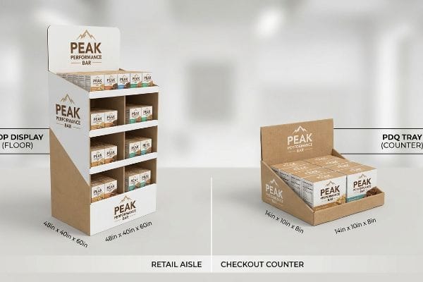 Kraft paper and white cardboard Peak Performance Bar POP floor display (48x40x60in) for retail aisles, alongside a smaller PDQ countertop tray (14x10x8in) for checkout counters.