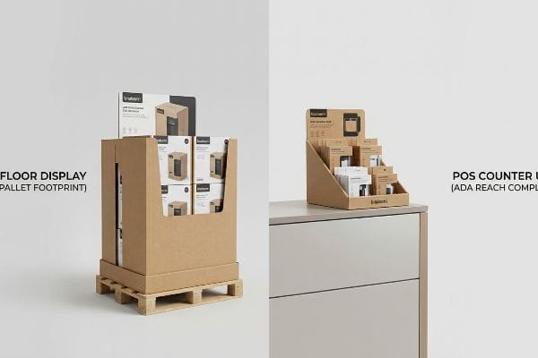 Brown corrugated cardboard Floor Display and POS Counter Unit with Koolaboom 200W Wireless Charger boxes.