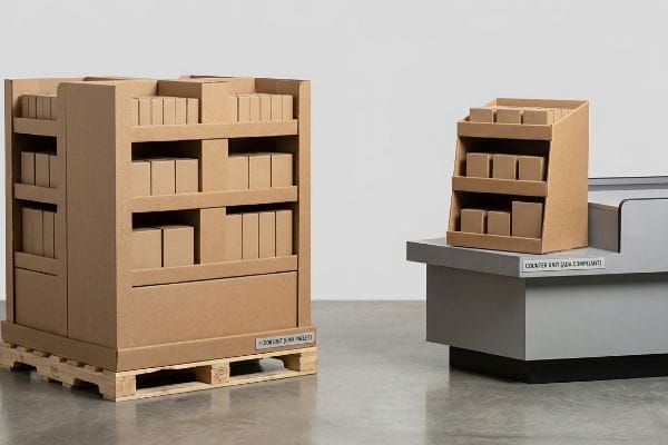 Kraft cardboard floor unit on a GMA pallet next to a Counter Unit ADA Compliant display on a grey counter.