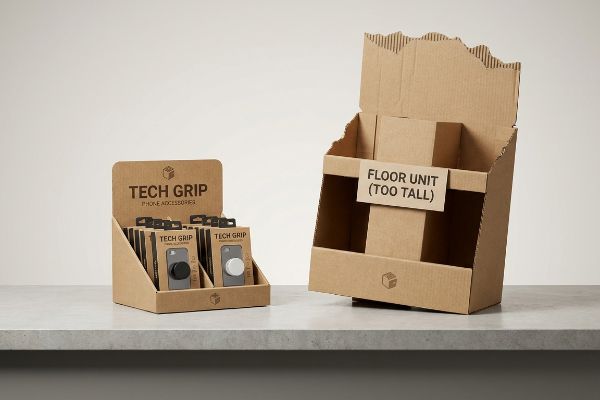 Natural brown corrugated cardboard displays showcase two point-of-sale units: a compliant Tech Grip phone accessories countertop merchandiser and a taller 'Floor Unit (Too Tall)' display, illustrating ADA height violations.