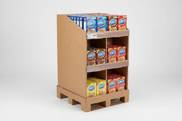 Corrugated cardboard quarter pallet display holding Flunced cereal boxes on three shelves, with a $1.99 price tag.