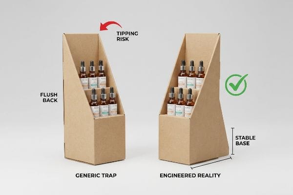 Brown cardboard displays: Generic Trap (Flush Back, Tipping Risk) vs. Engineered Reality (Stable Base).