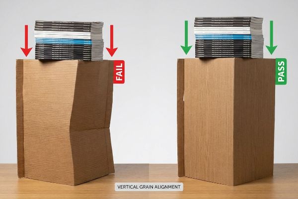 Corrugated cardboard boxes show vertical grain alignment. Left 'Fail' box buckles under magazines; right 'Pass' box stands strong.