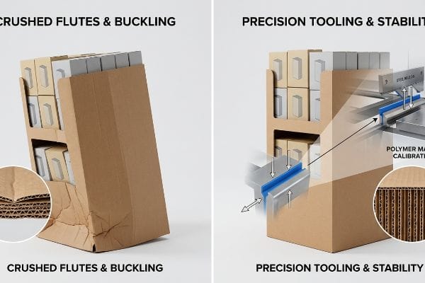 Crushed Flutes & Buckling vs. Precision Tooling & Stability, showing polymer matrix calibration for corrugated strength.