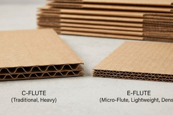 Detailed comparison of C-Flute (traditional, heavy) and E-Flute (micro-flute, lightweight, dense) corrugated cardboard structures.
