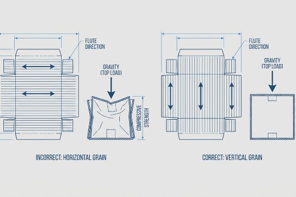 Corrugated box diagrams compare horizontal grain crushing under Top Load to vertical grain maintaining Compressive Strength.