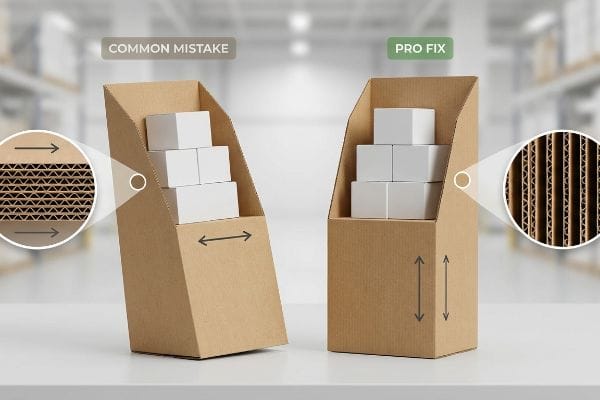 Brown corrugated display shows Common Mistake (horizontal flutes, leaning) versus Pro Fix (vertical flutes, stable).