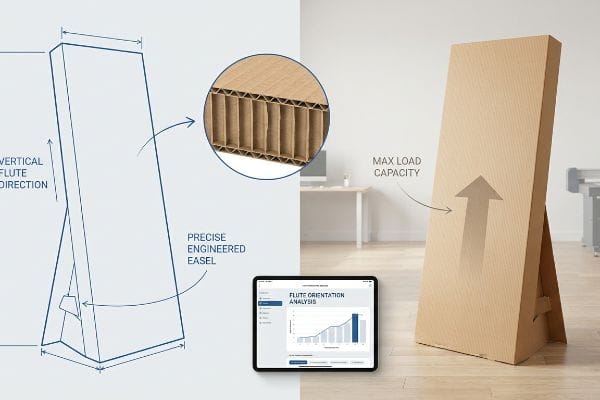 Corrugated cardboard easel display engineering, showing Vertical Flute Direction, Precise Engineered Easel, Max Load Capacity, and Flute Orientation Analysis.