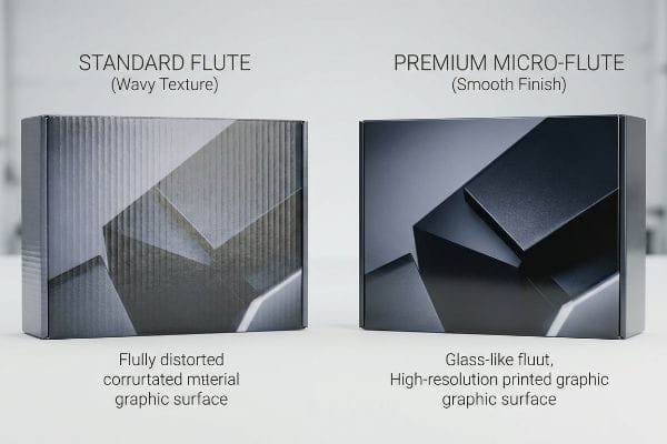 Standard Flute packaging with wavy texture and distorted graphics compared to Premium Micro-Flute's smooth, high-resolution finish.