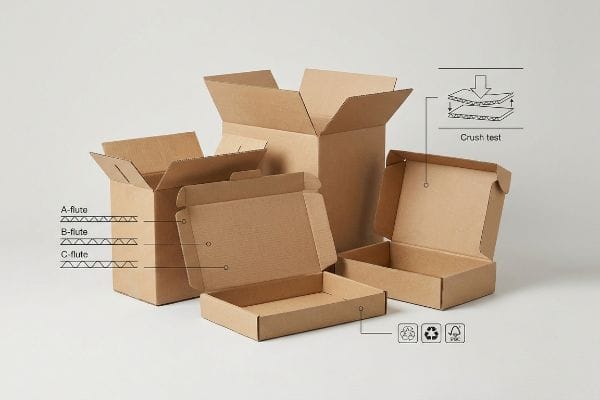 Corrugated cardboard boxes are shown with diagrams detailing A-flute, B-flute, C-flute structures, a crush test, and recycling symbols.