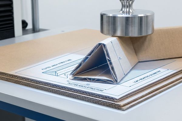 Estructura de arco acanalado de cartón corrugado con geometría portante bajo una pesa metálica de prueba, que resalta las estrías visibles.