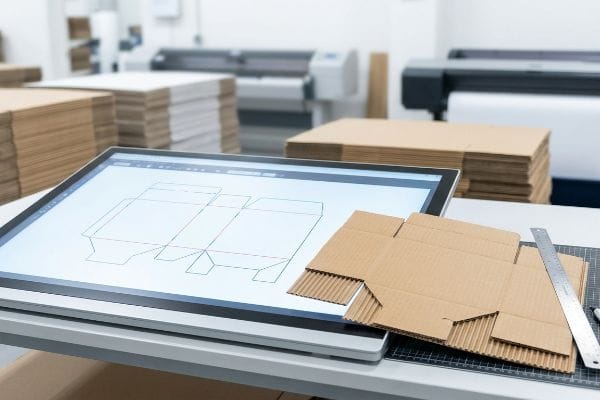 Digital tablet displays a CAD die-line for corrugated cardboard packaging, with fluted paperboard samples, a ruler, and cutting mat.