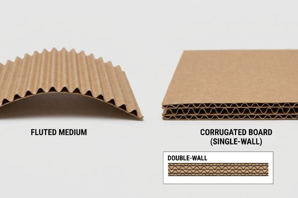 Brown Fluted Medium, Single-Wall Corrugated Board, and Double-Wall Corrugated Board samples showcase distinct cardboard structures.