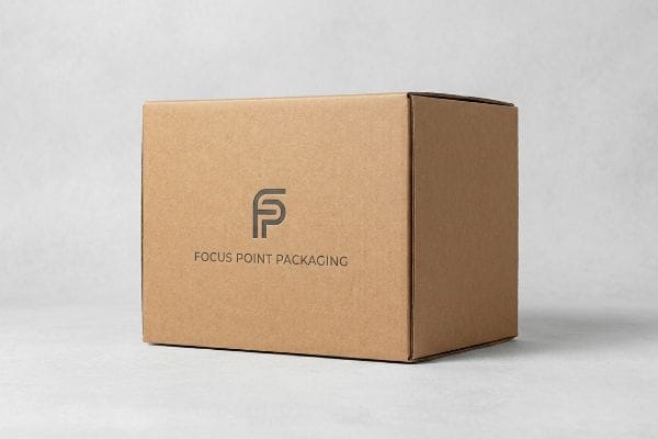 Brown corrugated cardboard box featuring the FP logo and Focus Point Packaging text on its front panel, ideal for product merchandising.