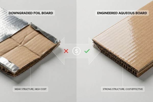Zerknitterte, minderwertige Aluminiumfolie (schwache Struktur, hohe Kosten) im Vergleich zu glattem, technischem, wasserbasiertem Wellpappenmaterial (starke Struktur, kostengünstig).