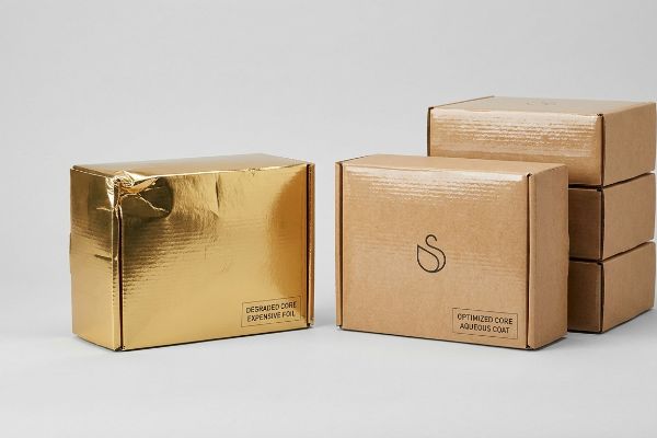 Uma caixa dourada com a inscrição "Degraded Core Expensive Foil" ao lado de caixas de papelão ondulado marrom com um logotipo de cisne e a inscrição "Optimized Core Aqueous Coat".