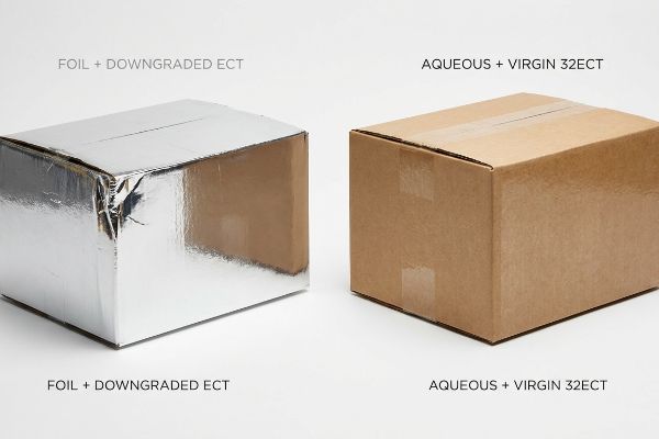 Shiny silver foil packaging, labeled 'Foil + Downgraded ECT', compared with a brown corrugated box, 'Aqueous + Virgin 32ECT'.