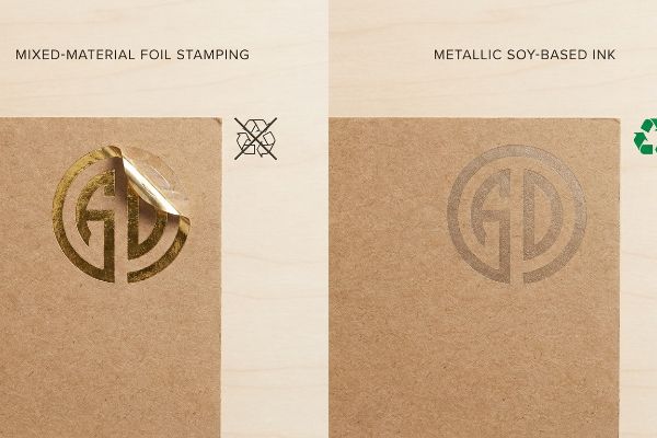 Unrecyclable Mixed-Material Foil Stamping with a peeling gold GD logo contrasts with recyclable Metallic Soy-Based Ink on brown cardboard.