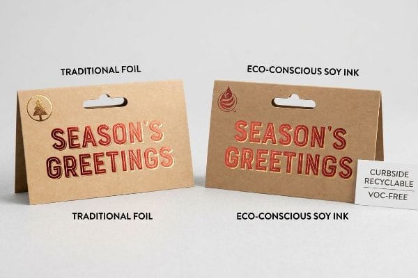 Two kraft paper header cards display 'Season's Greetings,' comparing Traditional Foil with Eco-Conscious Soy Ink, noted as Curbside Recyclable and VOC-Free.