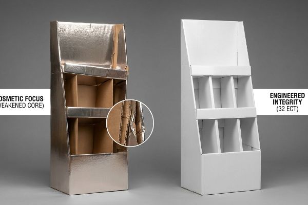 Foil laminated 'Cosmetic Focus (Weakened Core)' display beside a white 'Engineered Integrity (32 ECT)' cardboard floor display.