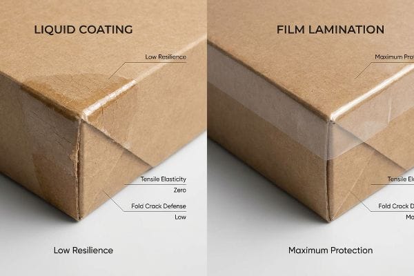 Brown cardboard box corners show Liquid Coating with low resilience, zero tensile elasticity, and low fold crack defense versus Film Lamination with maximum protection and high tensile elasticity.