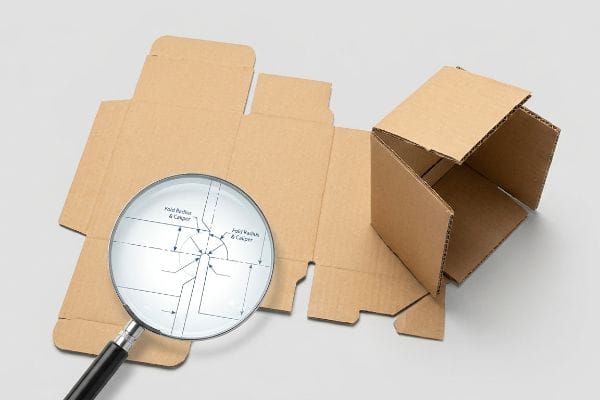 段ボールの型抜き線と部分的に組み立てられた箱。拡大鏡で折り曲げ半径とキャリパーを詳細に示した技術図面付き。.