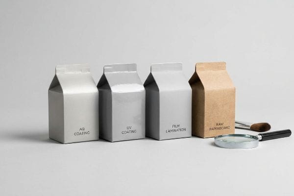 A row of folding carton packaging samples showcasing AQ Coating, UV Coating, Film Lamination, and Raw Paperboard finishes, with a magnifying glass.