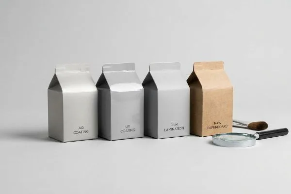 Eine Reihe von Faltschachtelverpackungsmustern, die die Oberflächenbehandlungen AQ Coating, UV Coating, Film Lamination und Rohkarton zeigen, mit einer Lupe.